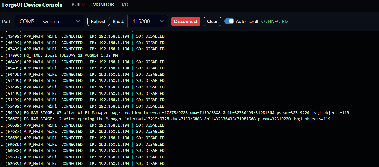 ForgeUI Studio Device Console live serial monitor connected to ESP32-P4
